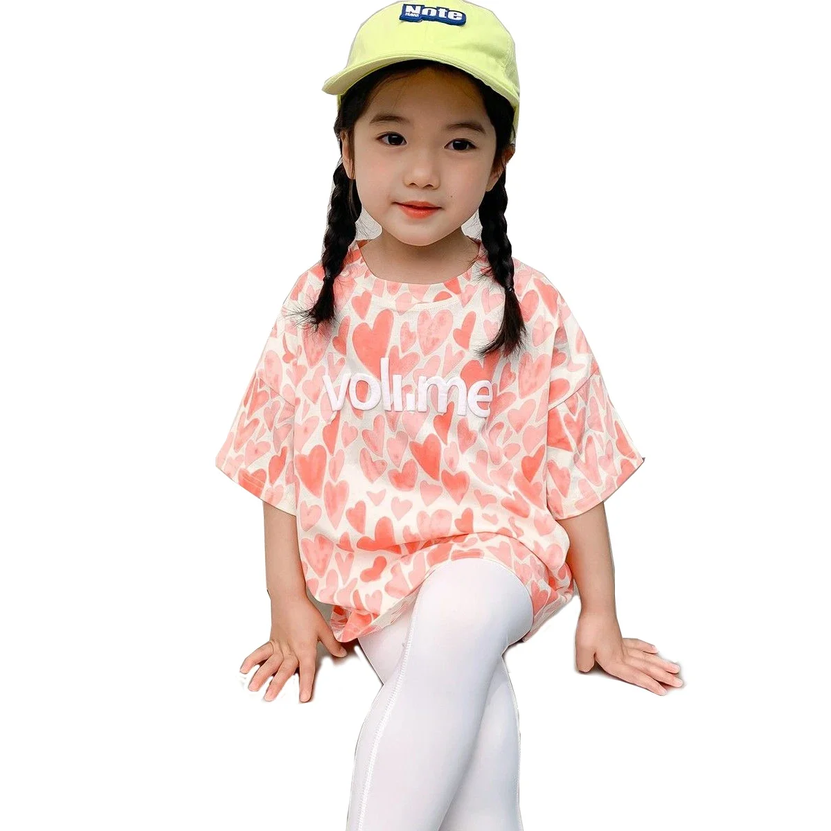 

Детские розовые футболки с принтом в форме сердца для девочек, новинка 2024, летние топы, повседневные футболки с короткими рукавами, милая танцевальная одежда в корейском стиле