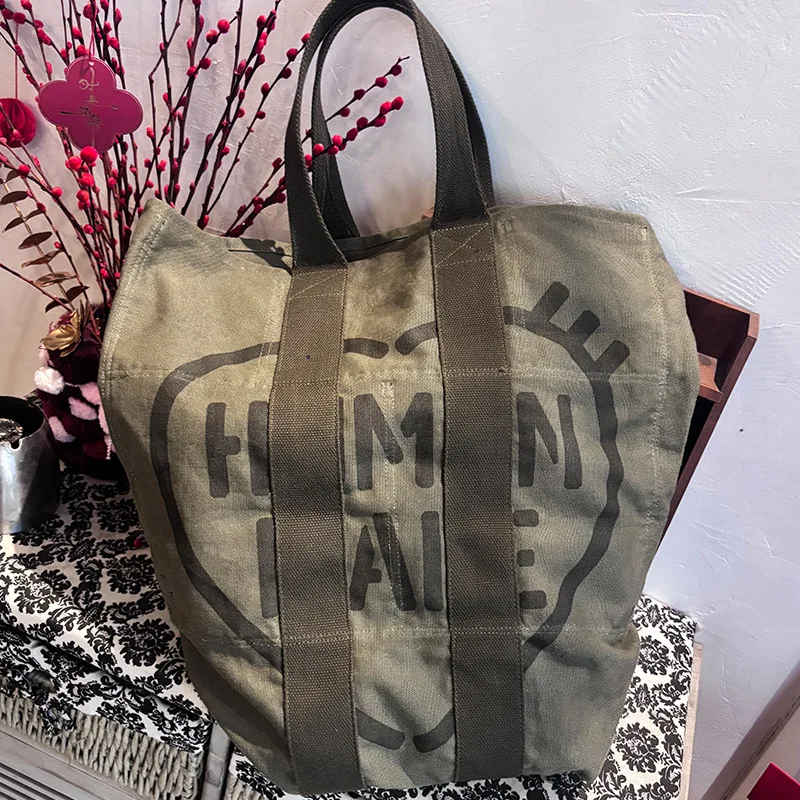 2026 Human Made Large Canvas Tote Military Style Double Top Handles Shoulder Strap