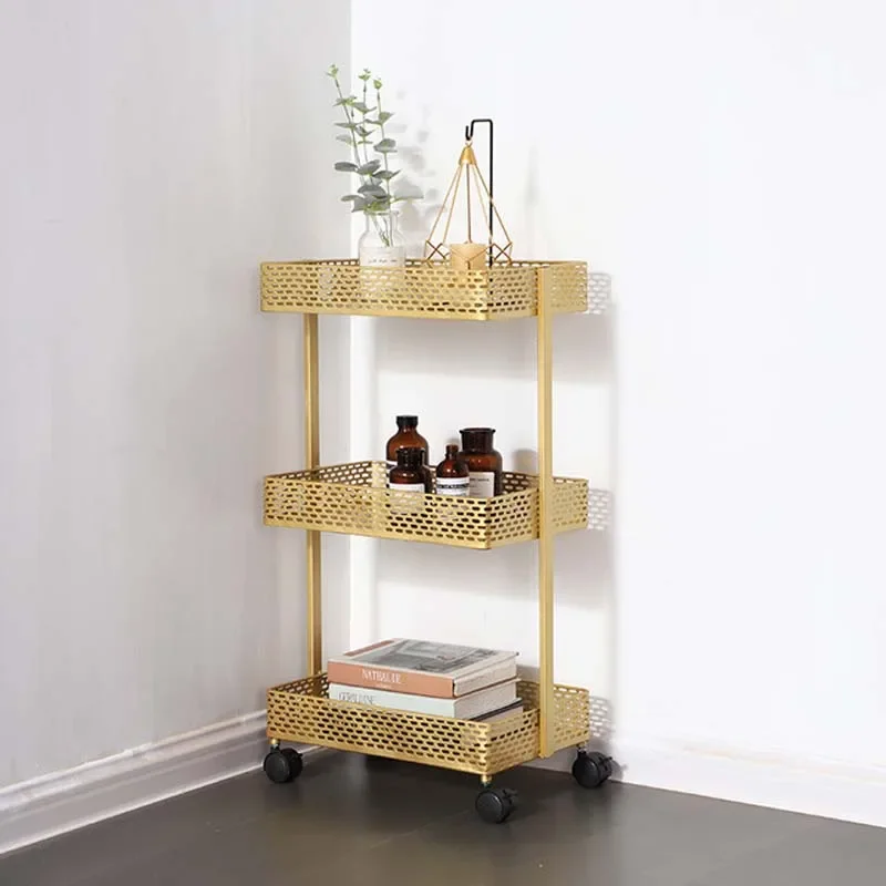 Carrito de almacenamiento de 3 capas de hierro dorado con ruedas, estante de cesta de almacenamiento, hogar, cocina, baño, dormitorio, sala de estar