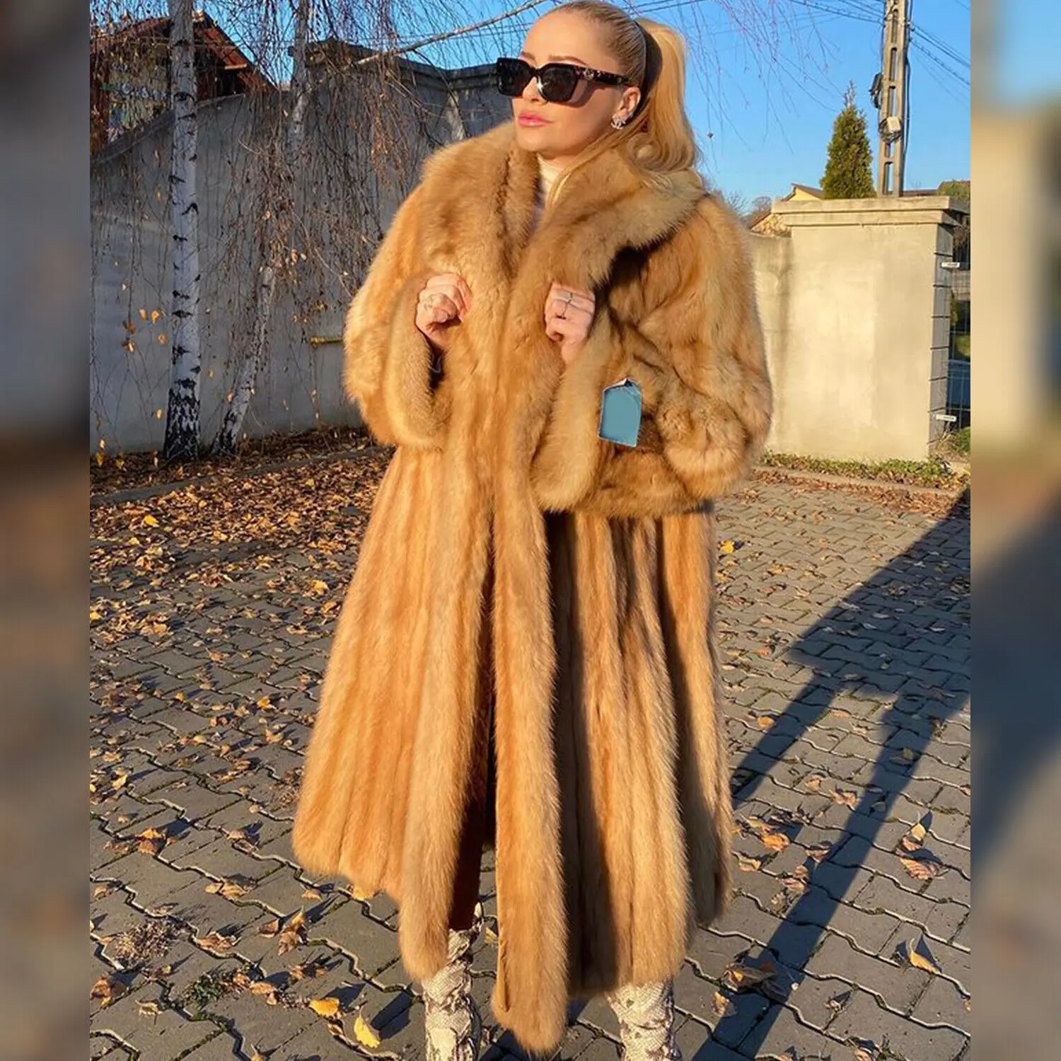 Luxury Woman Genuine Red Fox Fur Coats Winter Natural Fox Fur Lapel Collar Long Thick Jackets Female Real Fur Warm Overcoats