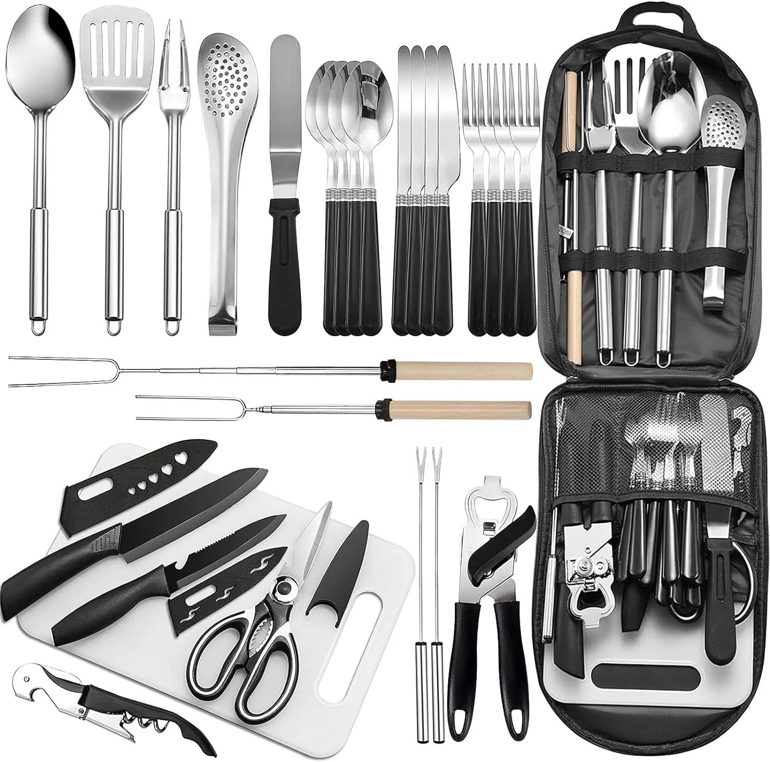 

Portable Stainless Steel Camping Kitchen Cookware Set -27 Pieces Outdoor Cooking BBQ Utensils Organizer Picnic Camping Party