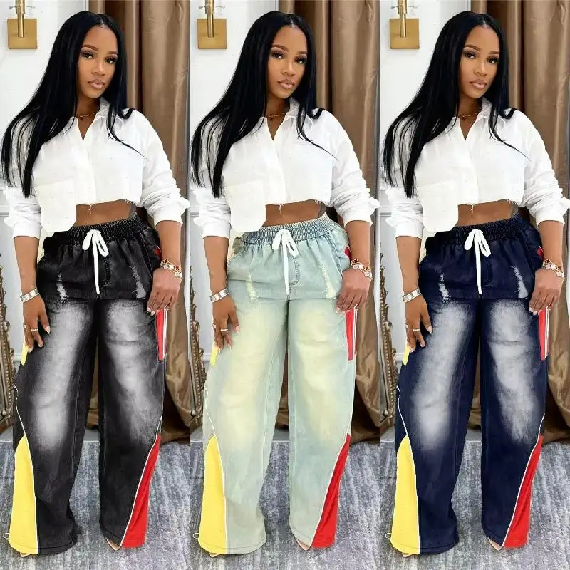 Wide Leg Pants Jeans Women Patchwork Tie Dye Denim Pant Pockets Drawstring Washed Spliced Trousers Casual Lady Slight Strech