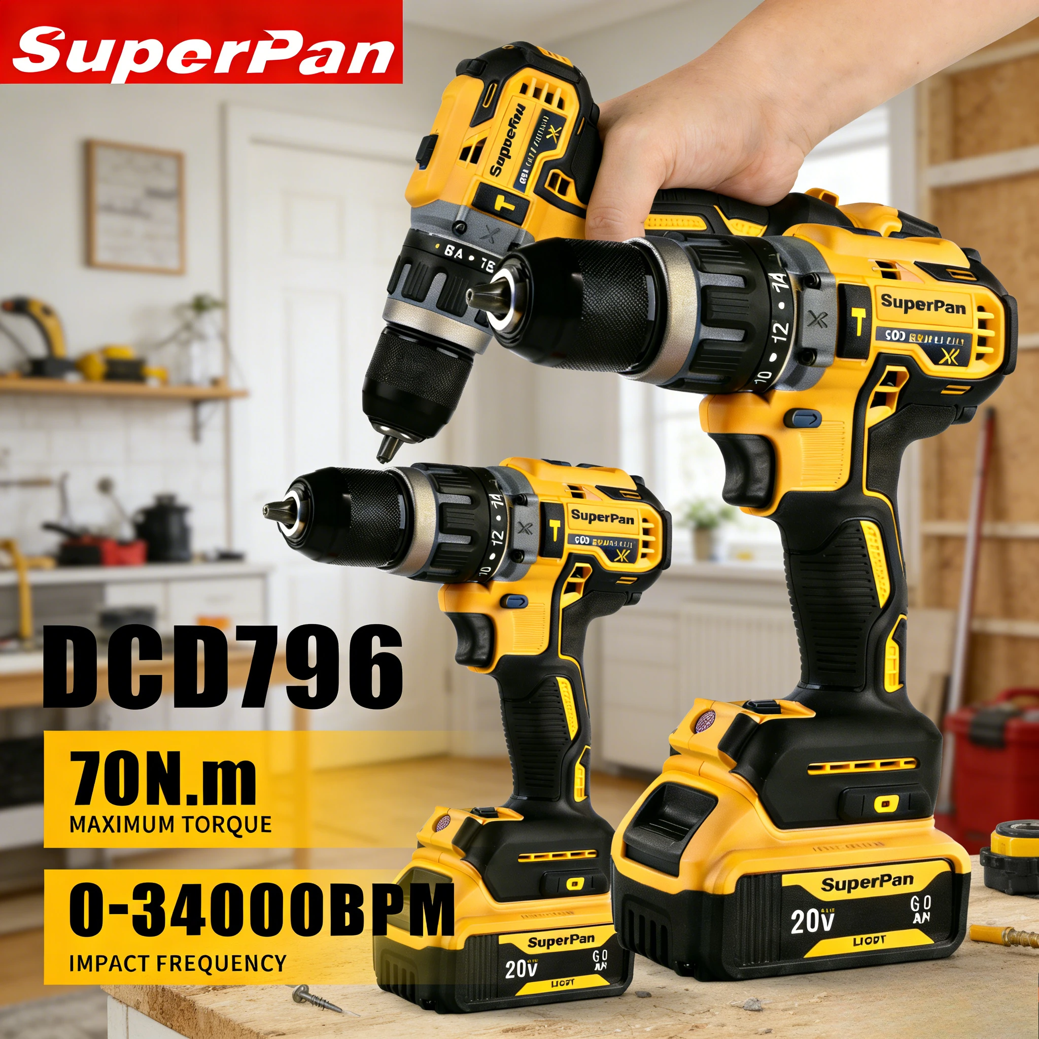 

SuperPan Ergonomic DCD796 70N.m 0-2200rpm Wood Door Frame DIY Adjustment Lithium Ion Drill Driver For Dewalt 20V Battery Pin