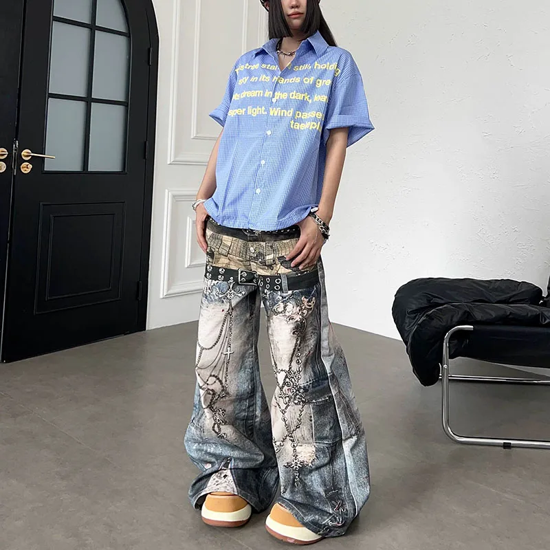 Unisex American High‑Street 3D Digital Chain Print Jeans Lady Vintage Washed Unique Wide Leg Hip‑hop Denim Long Trousers