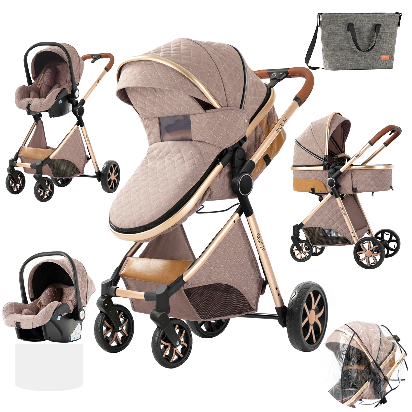 3-in-1 Baby-Kinderwagen-Reisesystem, Kinderwagen mit Autositz, leichter Rahmen, kompakt zusammenklappbar, hohe Sitzposition, stoßdämpfende Räder, umkehrbarer Sitz, mehrfach verstellbare Rückenlehne,