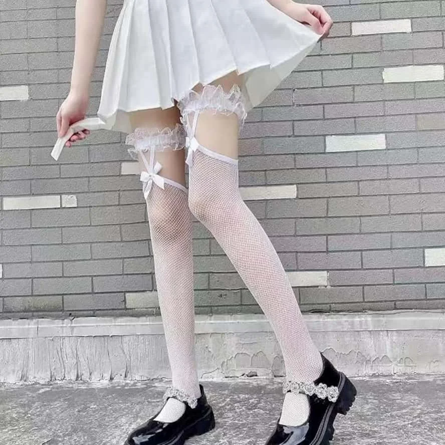 Plus Size Gothic Lolita Mädchen Schwarz-Weiße Schleife Netzstrümpfe Überkniestrümpfe Cosplay Oberschenkelhohe Spitzenstrümpfe für Frauen Halloween XXXL – Detail 2