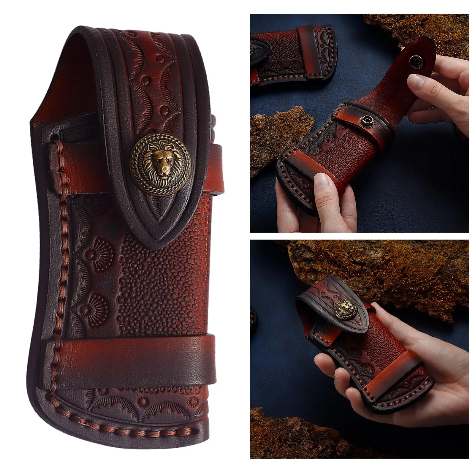 Folding Knife Cover Sheath PU Leather Brown Holder Case Carry Pouch for Belt Waist Horizontal Vertical Durable Brass Snap view 3