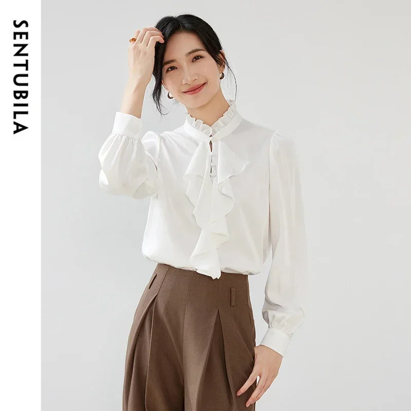 SENTUBILA White Chiffon Shirts For Women 2025 Spring Autumn Casual Commute Stand Collar Ruffles Long Sleeve Blouses 143V56667