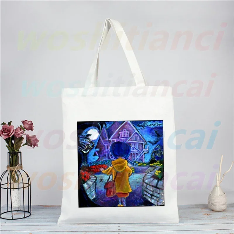 Coraline Girls Cartoon 90s Shopping Bag Eco Canvas Shopper Bolsas De Tela Bag Shoping Reusable Sacolas