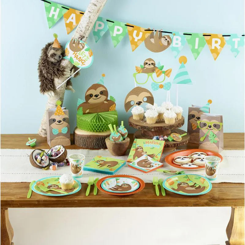 8pcs Cute Sloth Disposable tableware for kids birthday party supplies baby shower sloths print paper plate cup jungle party deco