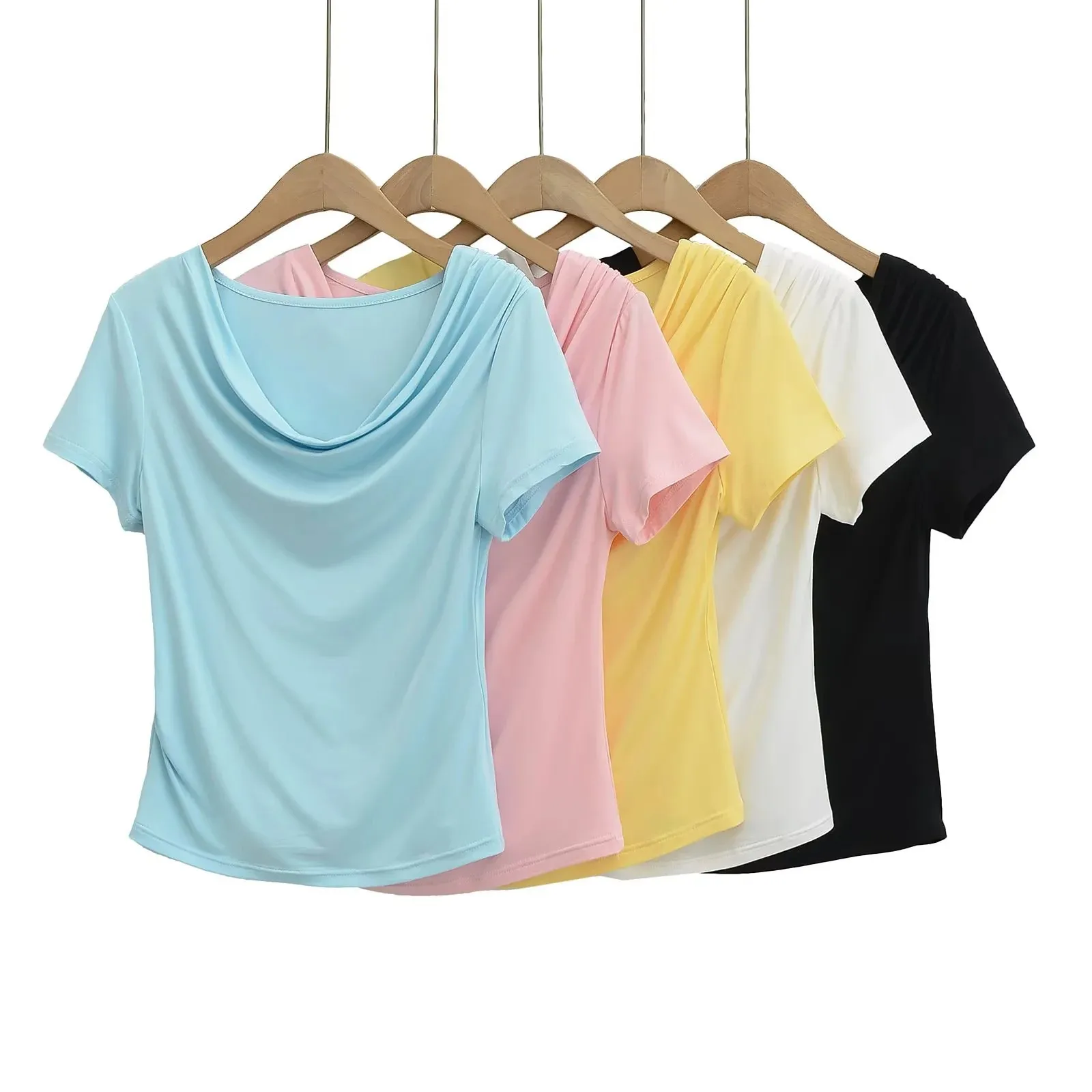 

Lightly mature style ruffled collar short-sleeve top new summer slim-fit waist-cinching regular shoulder candy-colored P9PP