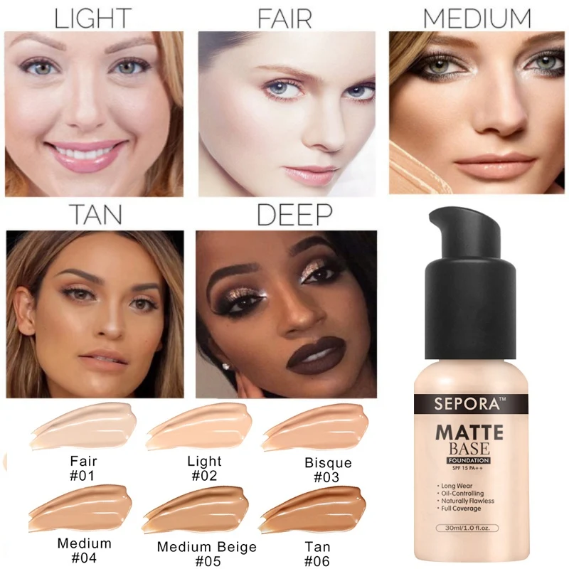 Base líquida mate de 6 colores SPF15 PA ++ cubierta hidratante para imperfecciones incluso tono de piel corrector Control de aceite Maquiagem 30m