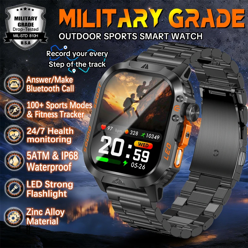2026New 1200 mAh Battery Military Smart Watch Men 5ATM Waterproof Fitness Tracker Health Heart Rate Smartwatches For iOS Android