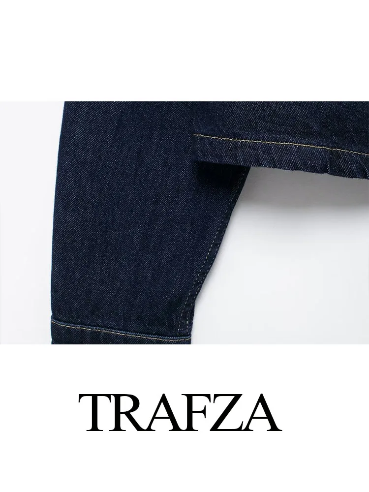 Trafza-レディースデニムシャツ,丈夫な折り襟,ポケット付き,シングルブレスト,ハイストリートショートコート,2色,秋のファッション