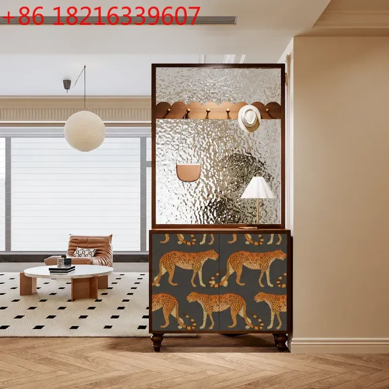 YAORetro Oil Painting Porch Cabinet Solid Wood Water Pattern Glass Entry Door Screen Partition Living Room Storage Shoe Cabinet
