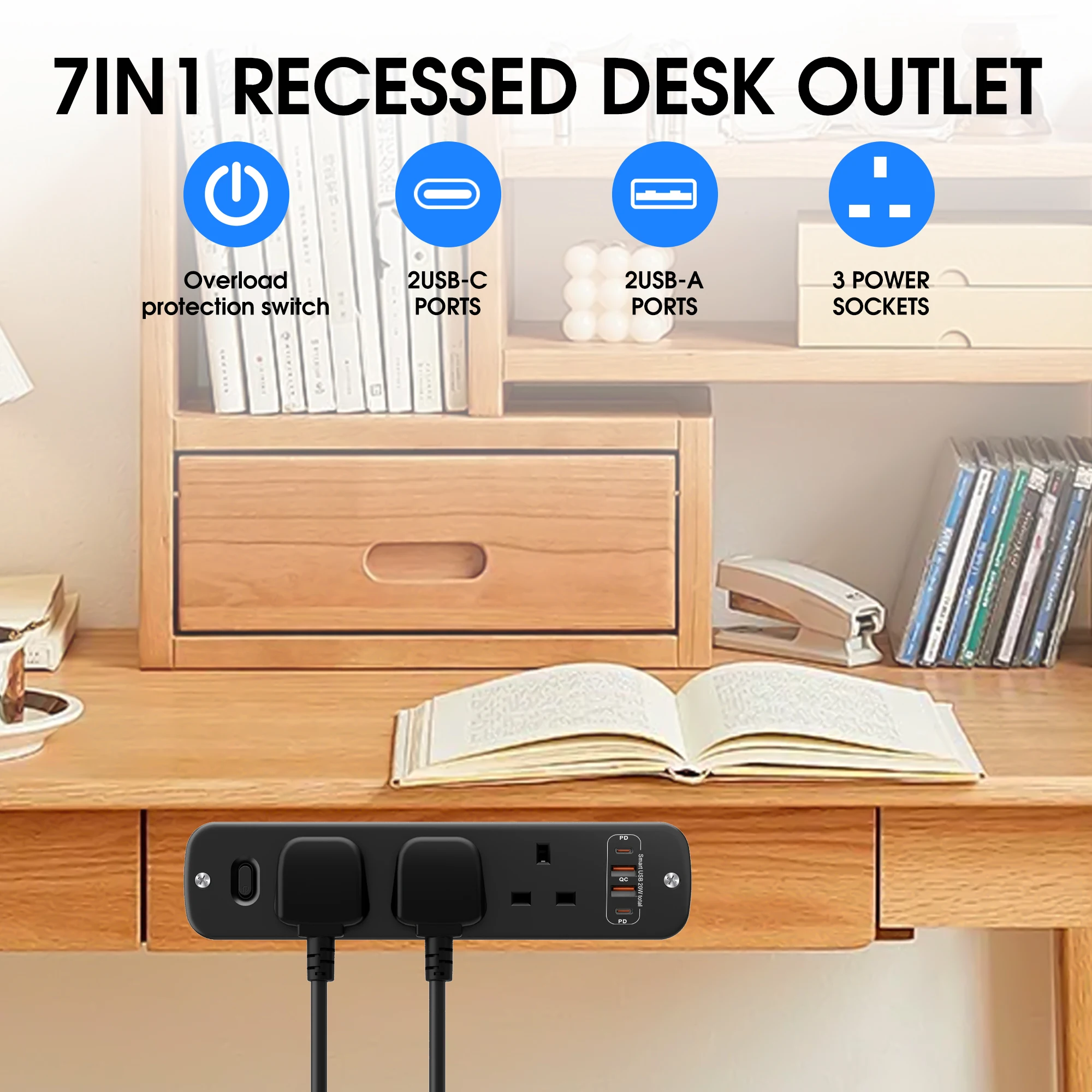7 in 1 Uk Plug 3 Ac Power Strip 3250W 2m Extension Cord Socket with 2Usb-A 2Usb-C Ports Suitable for 250V Household Appliances