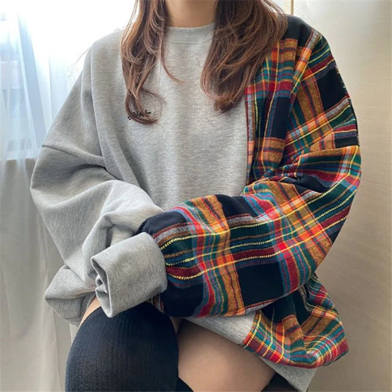 Korean Fashion Hoodies Plaid Patchwork Long Sleeve Casual Loose Sweatshirts Spring Autumn All Match Design Women\'s Clothing 2024