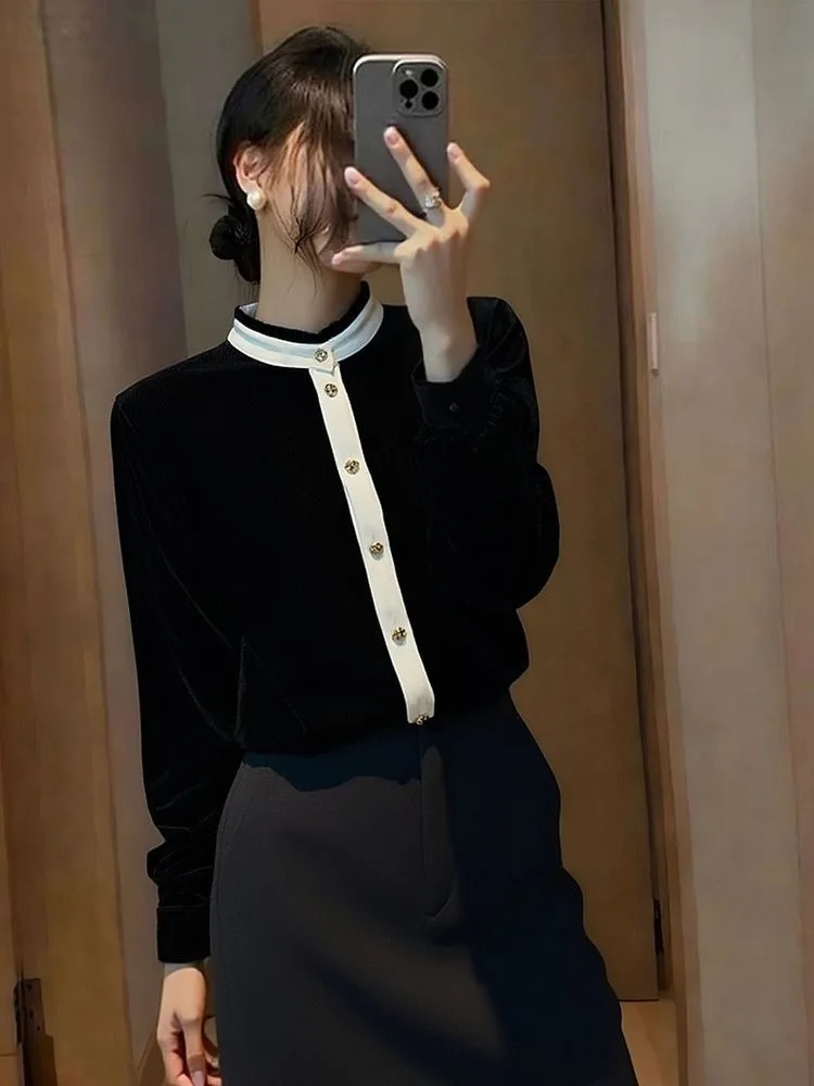 

Ele Bla Velvet Stand Collar irt Women's Faionable Simple Sle Autumn Winter New Arrival Button up Long Sve Top