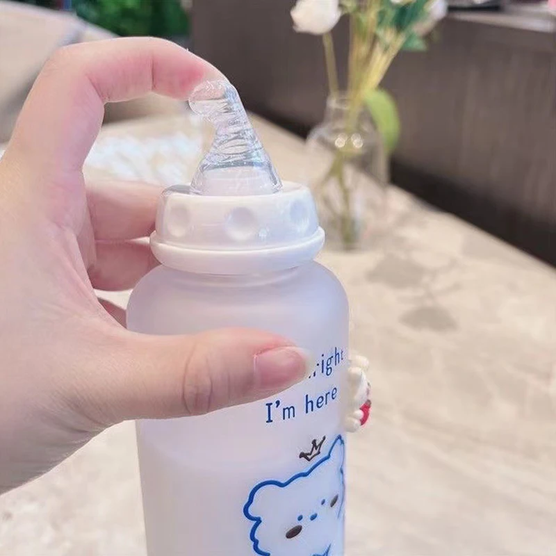 400ml Kawaii Plastic Strawberry Bear Water Bottle For Kids Adult Milk Juice Straw Cup Frosted Leakproof Drinking Bottles