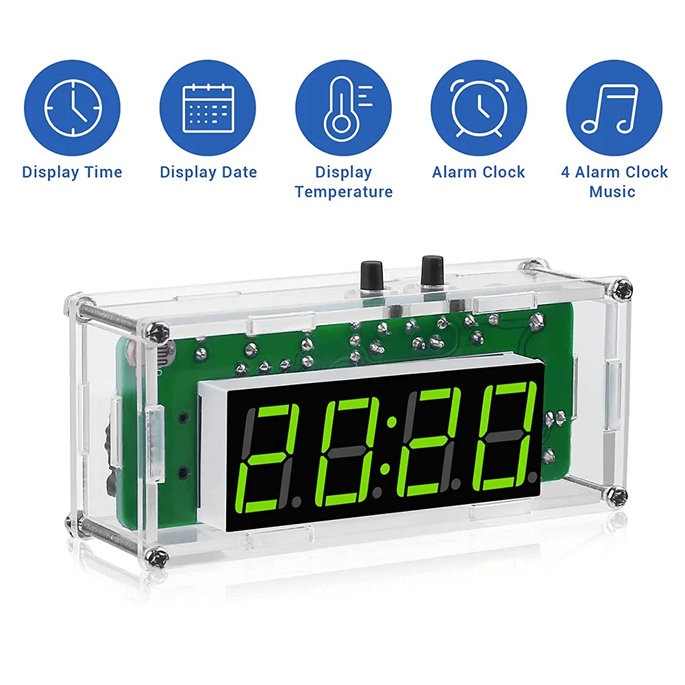 DIY 4-Digit Digital Clock Kit with Acrylic Shell LED Display Alarm Clock Soldering Practice Kit for Electronics Learning Project