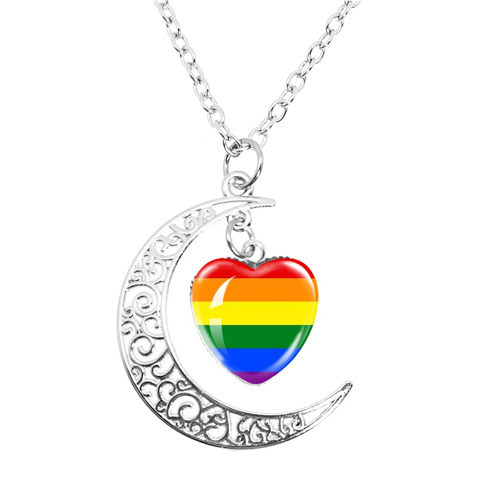 Gay Pride Rainbow Flag Peach Heart Moon Necklace Lesbian LGBT Pride Bright Color Glass Cabochon High Quality Chaveiro Gay Gift