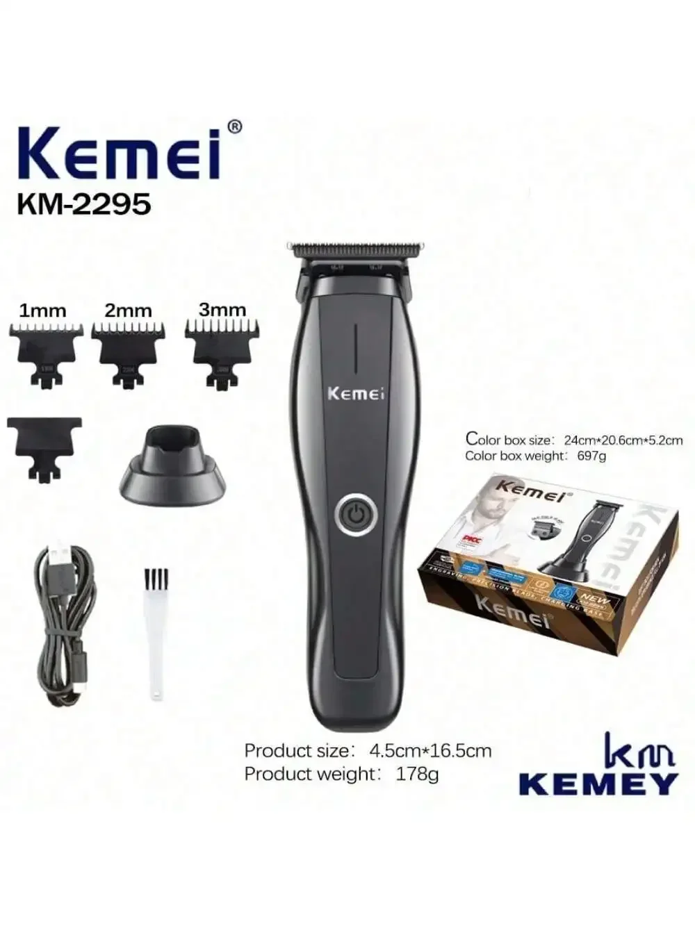 Kemei KM-2295 USB fast charging electric hair clipper with base, professional men's oil head carving and hair clipper