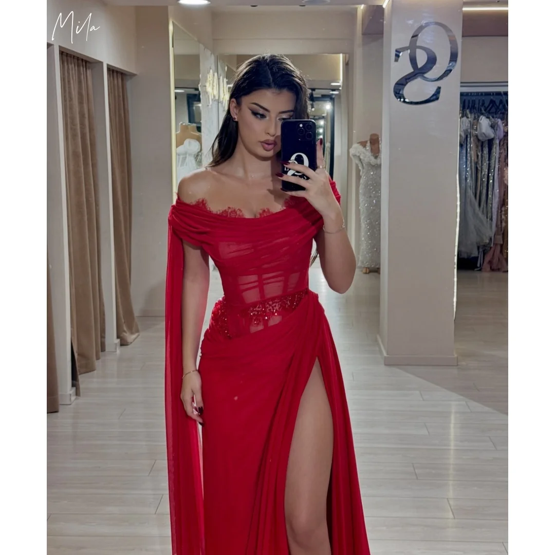 

Mila Women Red Off-Shoulder Lace Gown Prom Dresses Sheer High Slit Customized Formal Evening Cape vestidos de gala for Wedding