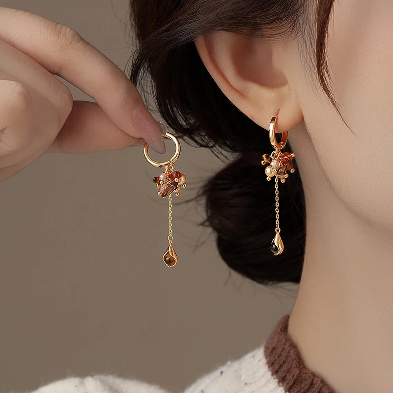 New Retro Meilad Tiger Eye Stone Tassel Pendant Earrings for Women Fashionable and Elegant Temperament Ladies Party Jewelry Gift