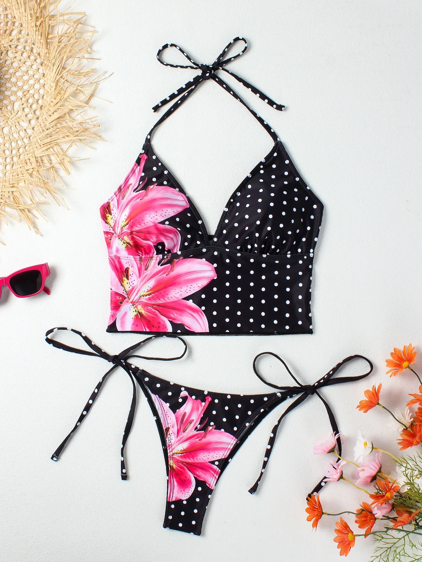 2026 Color Block Printed Tank Top Two Piece Bikini Set Women Triangle Bottom Tie Side Sexy Swimsuit Swimwear Beach Clothes Ropa