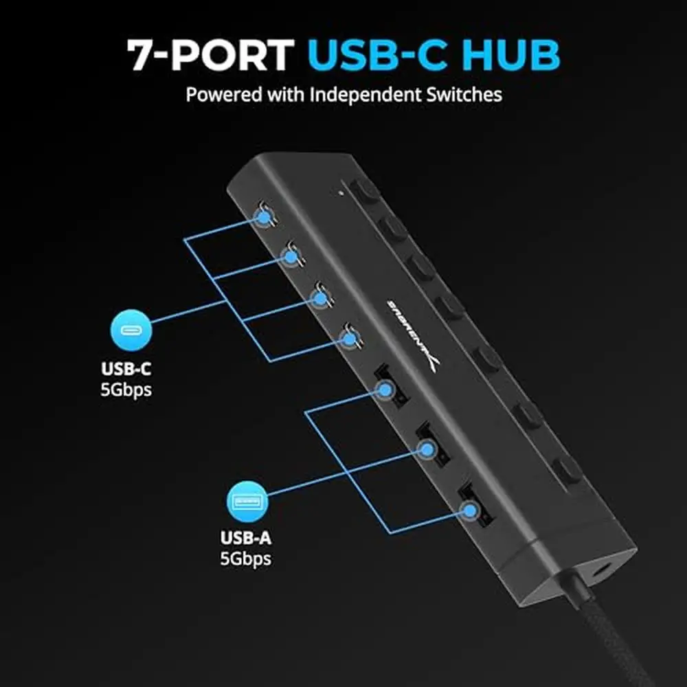 USB C Hub 7-Port with Switches and 48W Power Delivery Fast Data Transfer Laptops and More