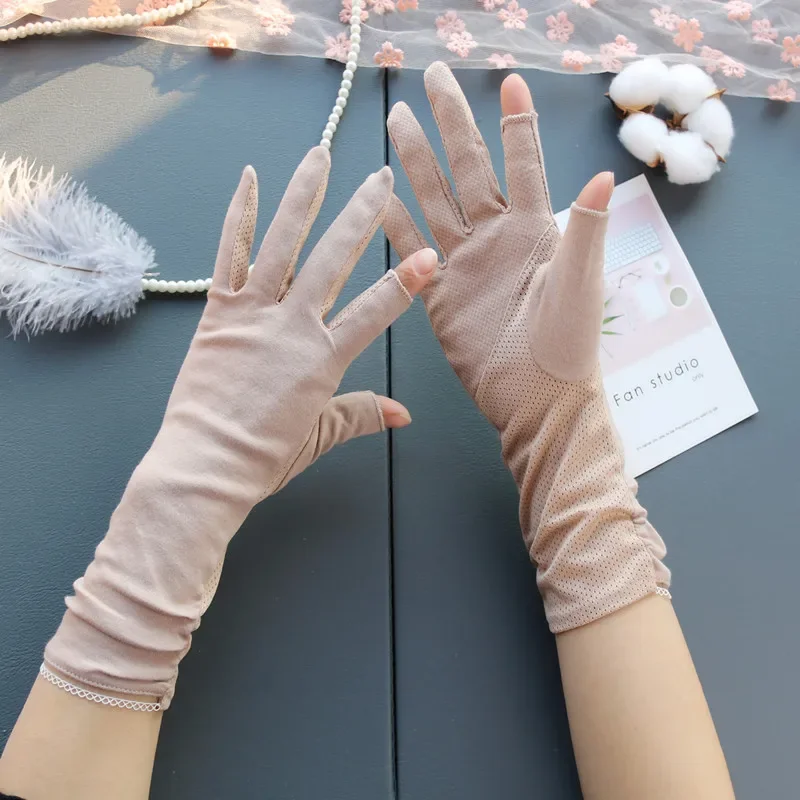 New Womens Solid Summer Thin Finger Touch Screen Mid-length Cotton Fingerless Autumn Half-finger Sun Protection Driving Gloves