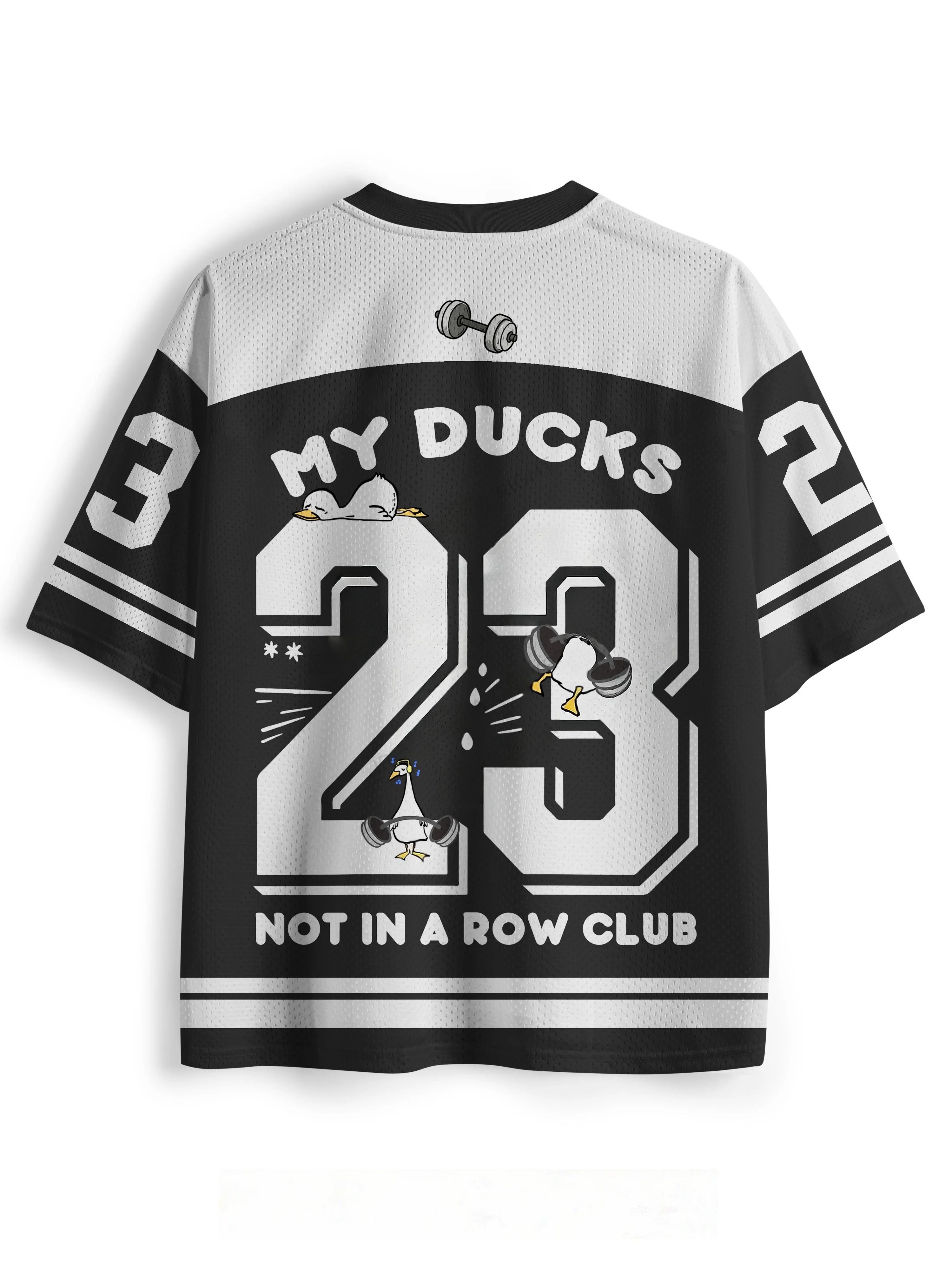 Cartoon Weightlifting Duck Print Mesh Sports Jersey V Neck Short Sleeve Loose Fit Street Top For Men Women Daily Workout Outfit