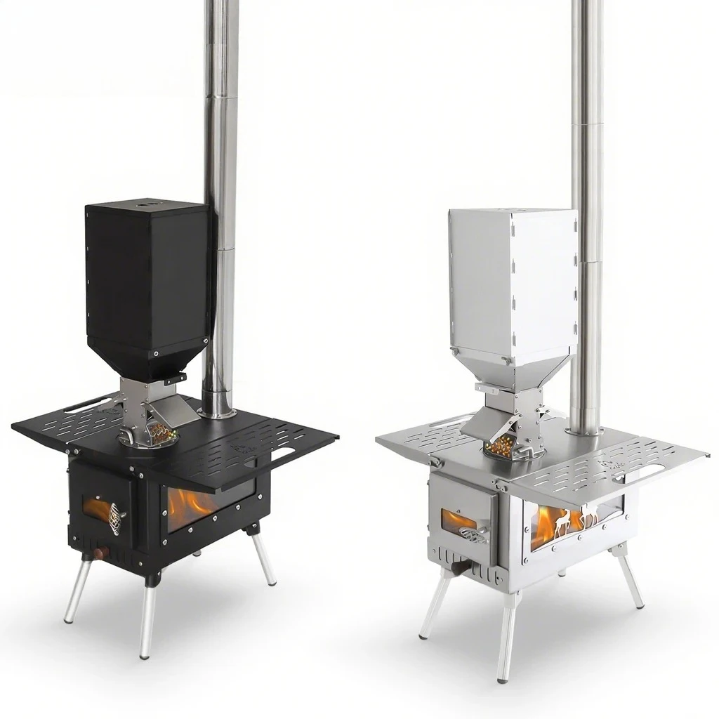 Folding Wood Stove & Pellet Burner Combo, Camping Fire Pit Grill with 5-Section Chimney, Outdoor Cooking Wing Panels