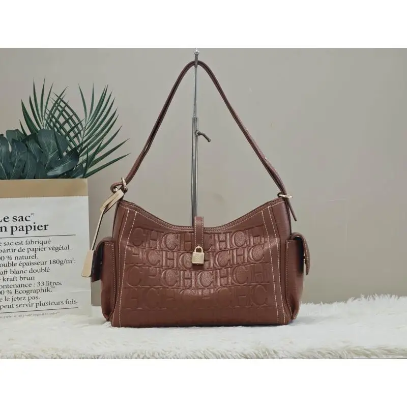 CH Womens Everyday Shoulder Bag Embossed Letter Print Gold Logo All Match Adjustable Strap Hobo Purse Daily Use