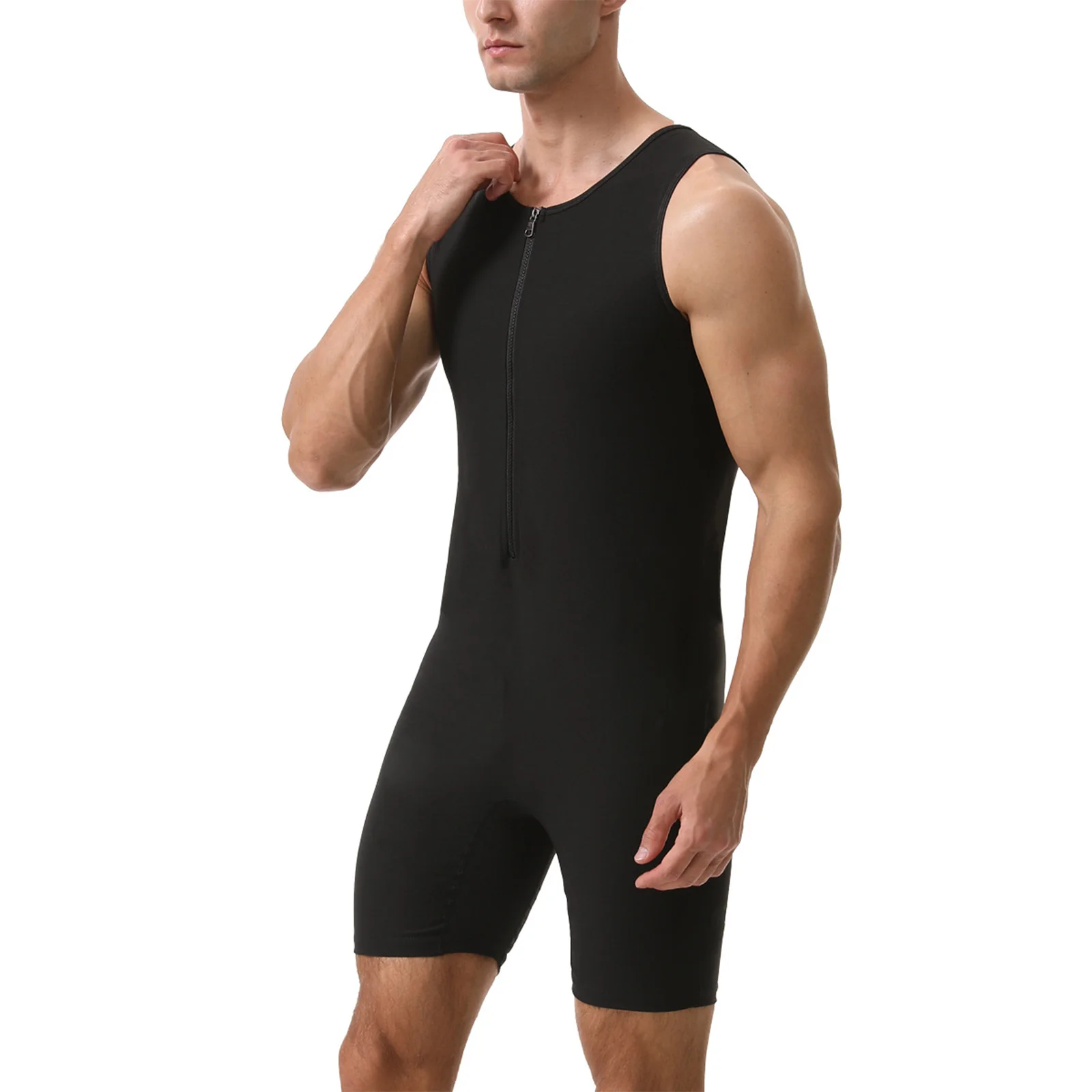 Herren Sauna-Kurzanzug, ärmelloser Jumpsuit für Workout, Sport, Fitness, Radfahren, Jogging, mit Reißverschluss vorne, oberschenkellang. – Detail 11