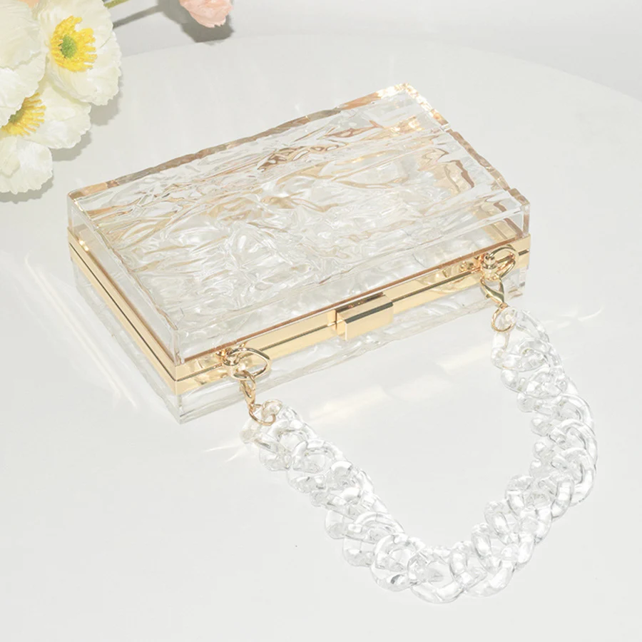 New transparent acrylic party dinner bag water ripple small square bag chains shoulder crossbody bag ice crack ladies handbags