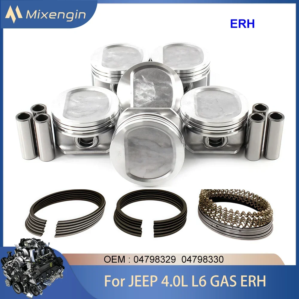6pcs Engine Part Piston & Ring Kit Fit 4.0 L6 GAS ERH For 1998-2007 Jeep Cherokee Comanche Grand Cherokee Wrangler 4.0L 04798329