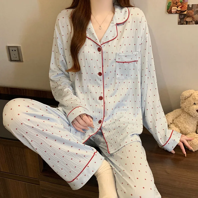 

Polka Dot Pyjamas Design Pajamas for Women Long Sleeve Top & Elastic Waist Pants Pajamas Set Harajuku Style Casual New Home Wear