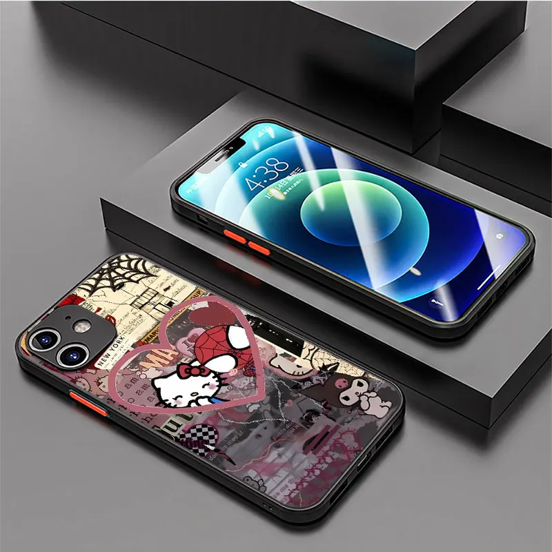 Hello Kitty-Marvel Cute Spider Man Matte Cover Luxury Case for iPhone XS Max 12 Mini 7 8 Plus 15 Pro Max 14 Plus 11 Pro 13 XR X