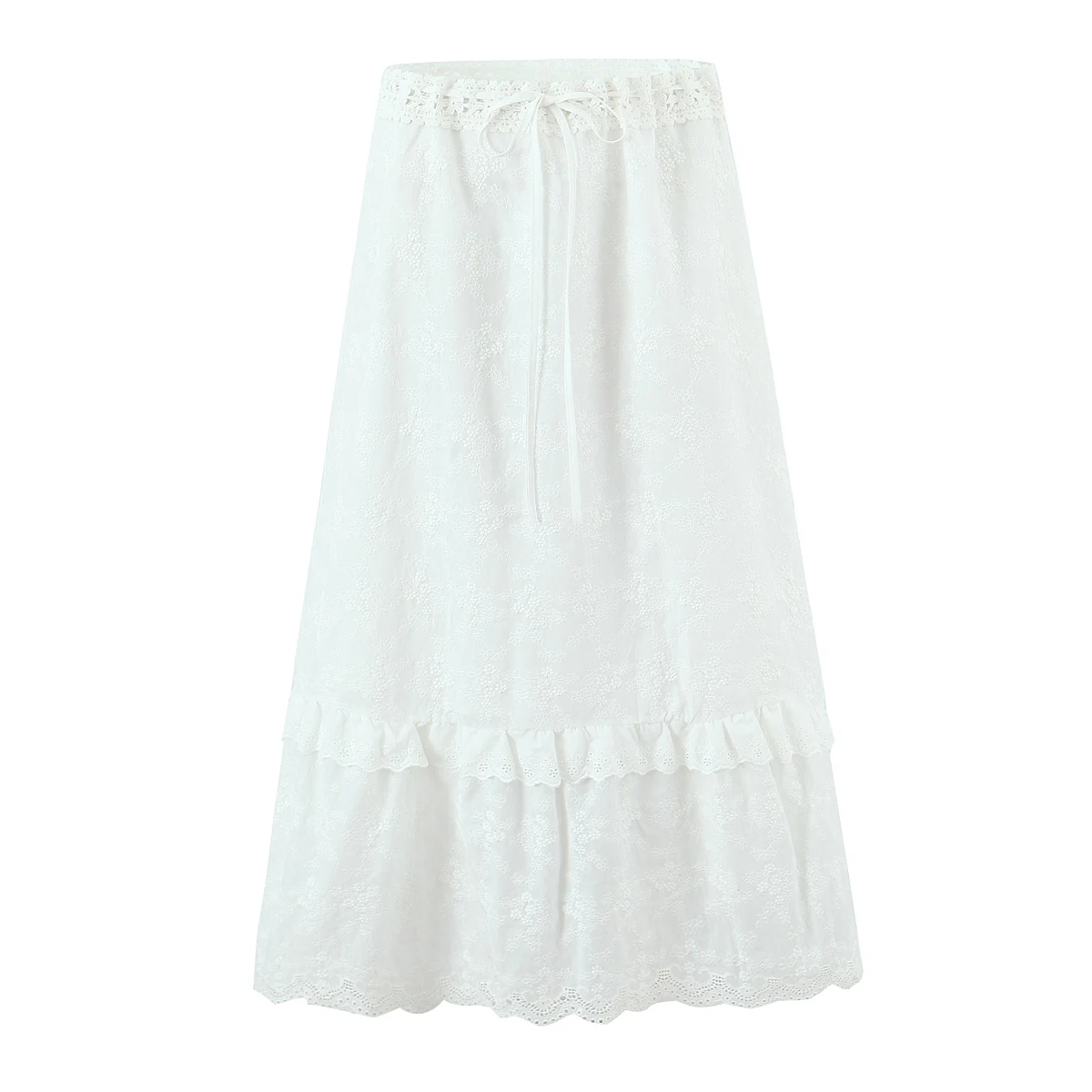 2025 Holiday White Embroidery Flower Spliced Wood ears Lace Midi Long Skirt Women Ribbon Bow Waist Swing A-lined Skirts Boho