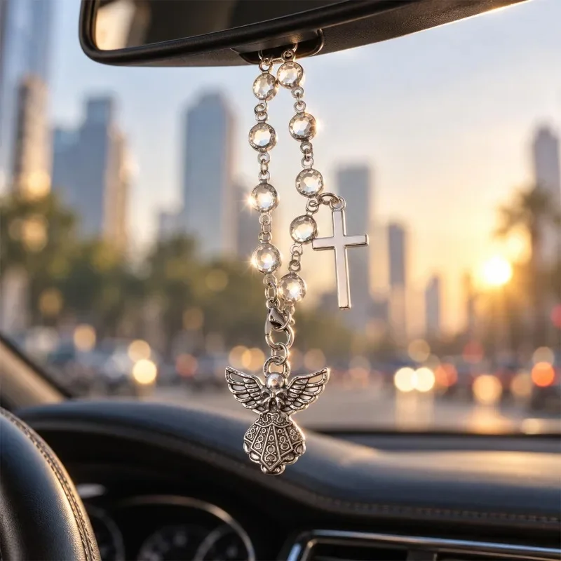 Car Rearview Mirror Pendant Accessory Bracelet Praying for Safe Driving Car Interior Decoration Cross Pendant Car Ornament