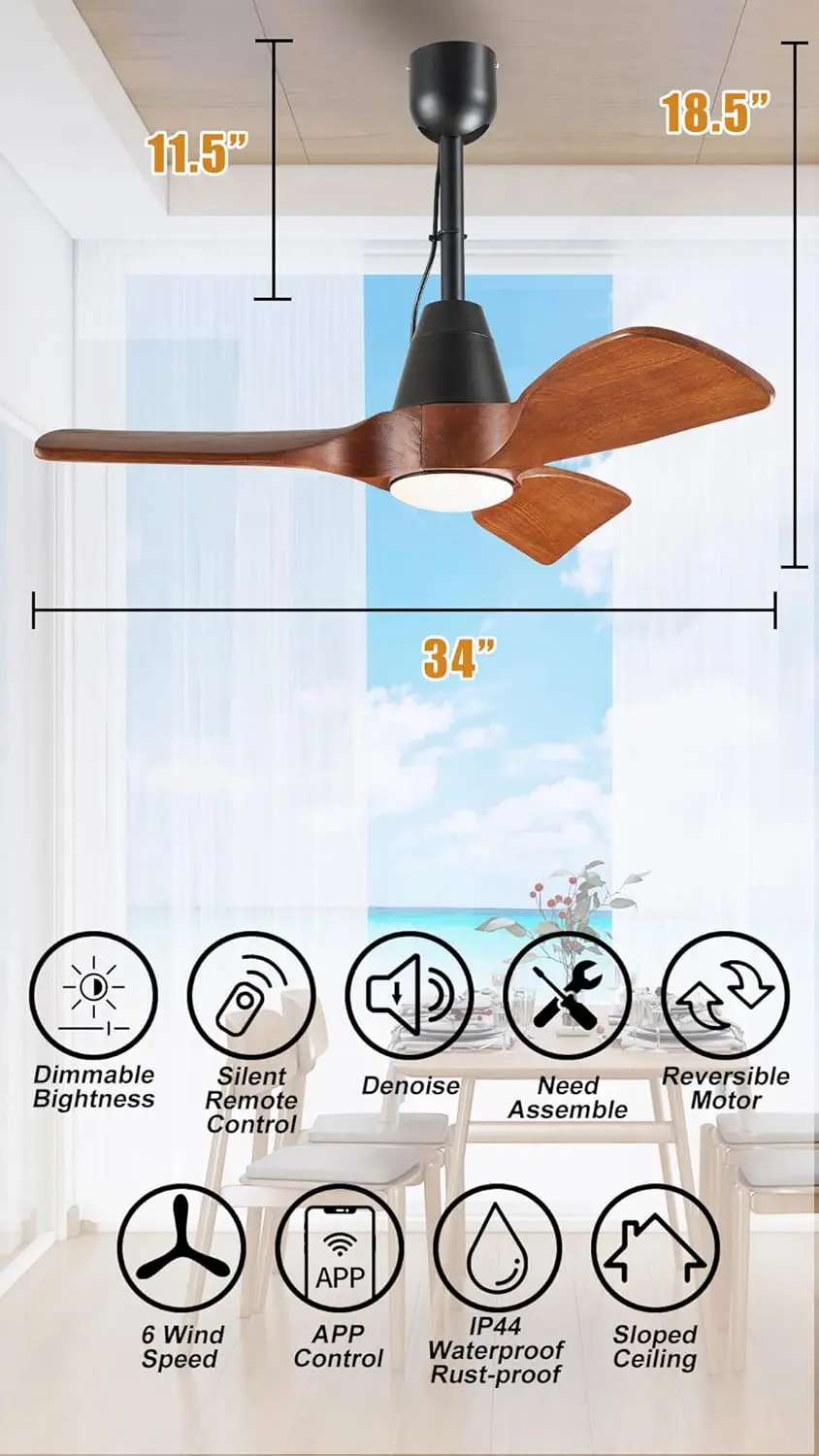 3 Blades Wood Outdoor Ceiling Fan With Light For Patios, Farmhouse Rustic Ceiling Fans With Lights, 34