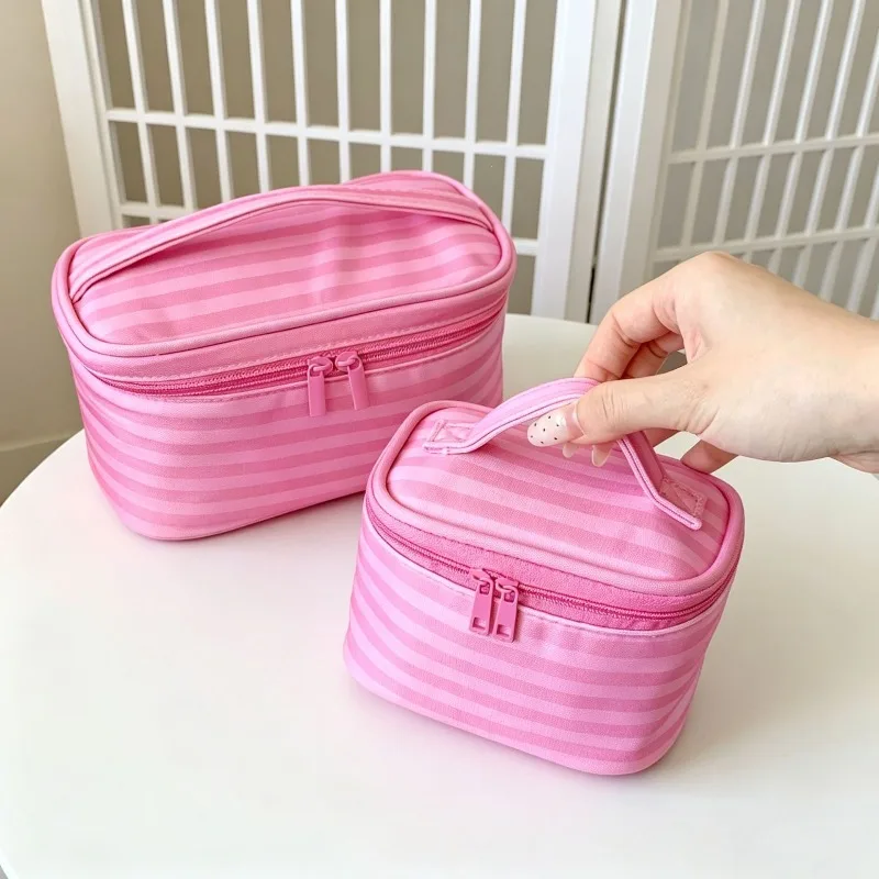 Pink Striped Large Capacity Makeup Bag for Female Women Portable Travel Handheld Cosmetic Toiletry Washing Brush Storage Bag