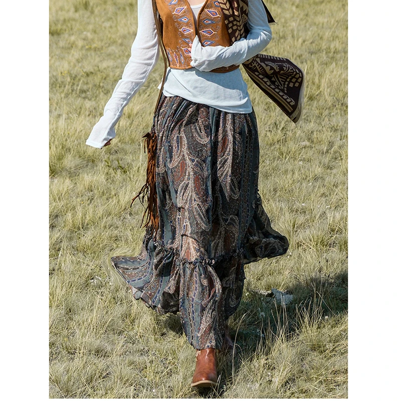 

Новинка 2026 года: Весенняя женская повседневная юбка А-силуэта с винтажным принтом, хорошее качество, универсальная, на эластичной талии, длина до щиколотки, T106