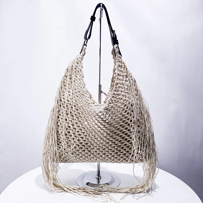 Bohemian Beach Hollow Bags For Women Luxury Designer Handbag Purse 2024 New In Polyester Woven With Inner Pocket Tassel Shoulder