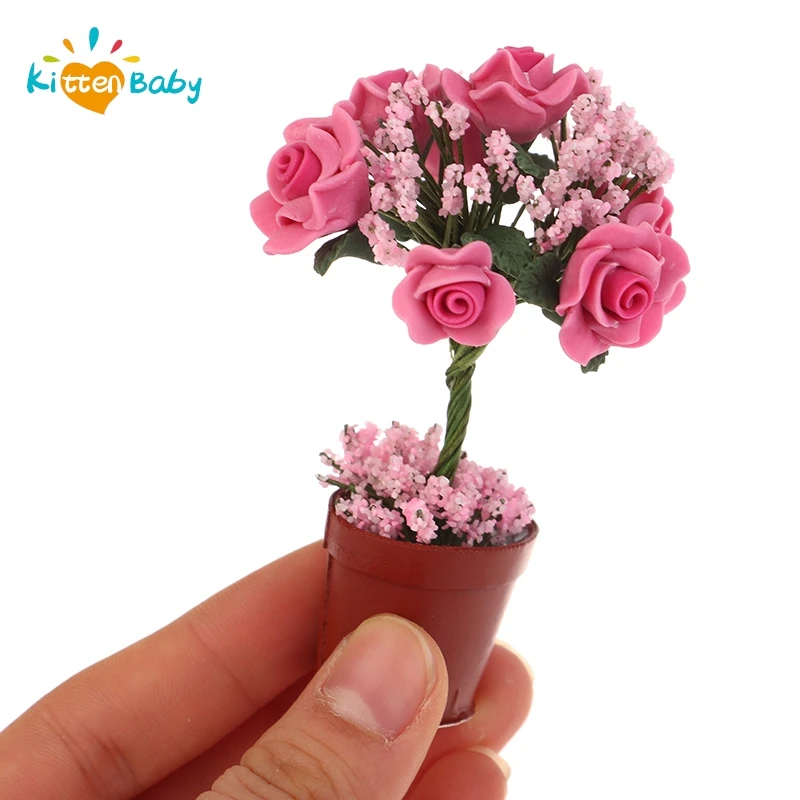 1:12 Dollhouse Miniature Flower Mini Potted Plant Rose Flowerpot DollHouse Decor Bonsai Model Garden Home Ornament Furniture Toy