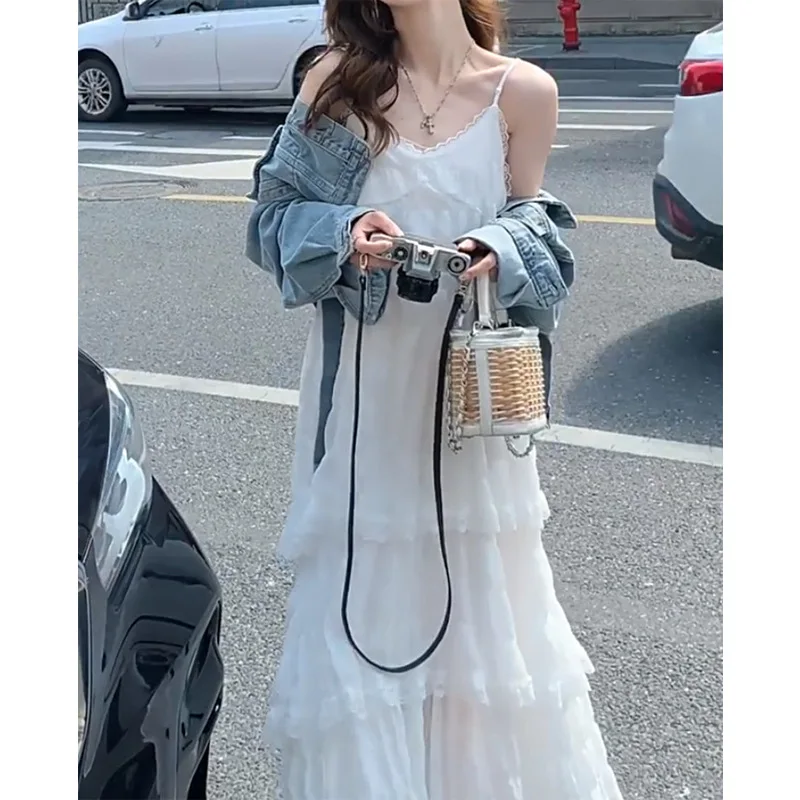 

Korean Style Summer White Dress Long Dress Women Fashion Sleeveless Spaghetti Strap Fairy Dress Evening Party Slip Long Dresses