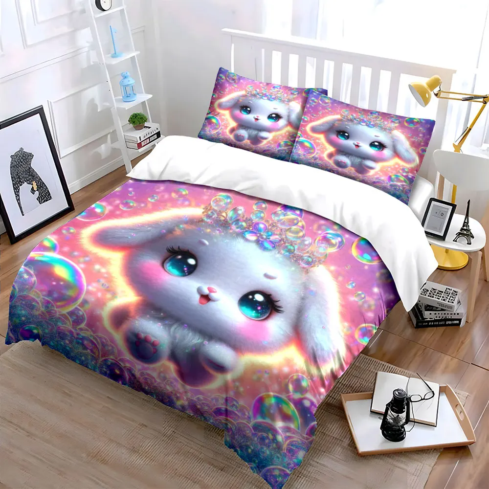 Fantasy bunny with colorful bubbles Printed Duvet Cover Set1 Duvet Cover+2 PillowcaseMulti Size Bedroom Bedding Decor