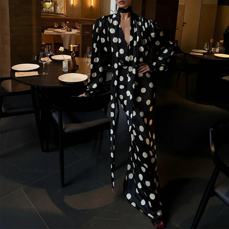 

Элегантное драпированное вечернее платье с длинными рукавами, лентами и V-образным вырезом, в горошек, из атласа, с завышенной талией, для женщин