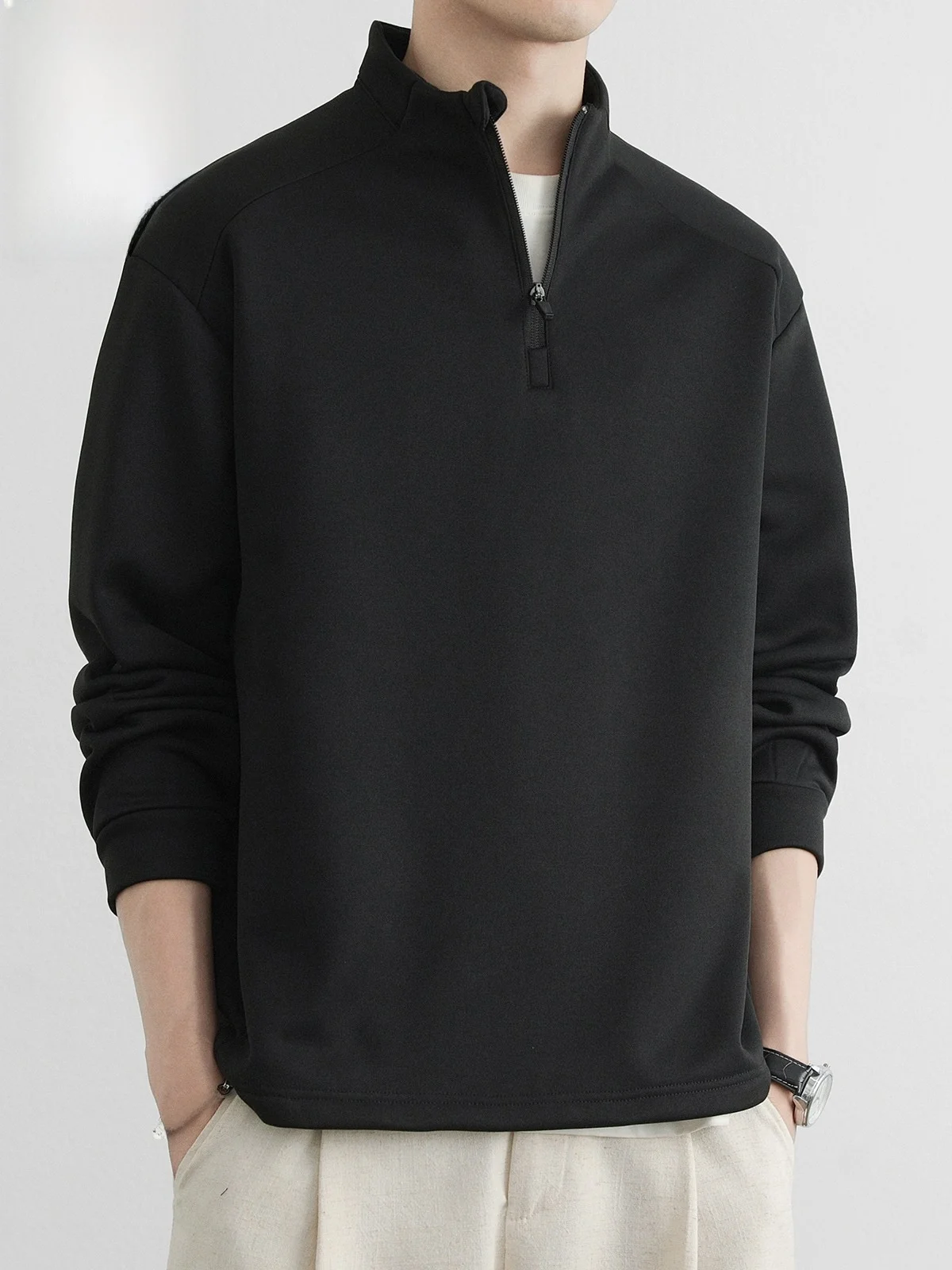 

Bla Stand Collar Long Sve Zipper Hoodie Men's Casual Sle Polyester Cotton Blend Winter T-irt Youth Faion